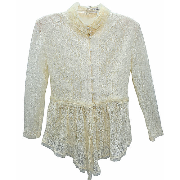 HP Vintage Sun-Born Lace High Ruffle Collar Sheer Sleeve Peplum Lolita Blouse - Picture 1 of 16